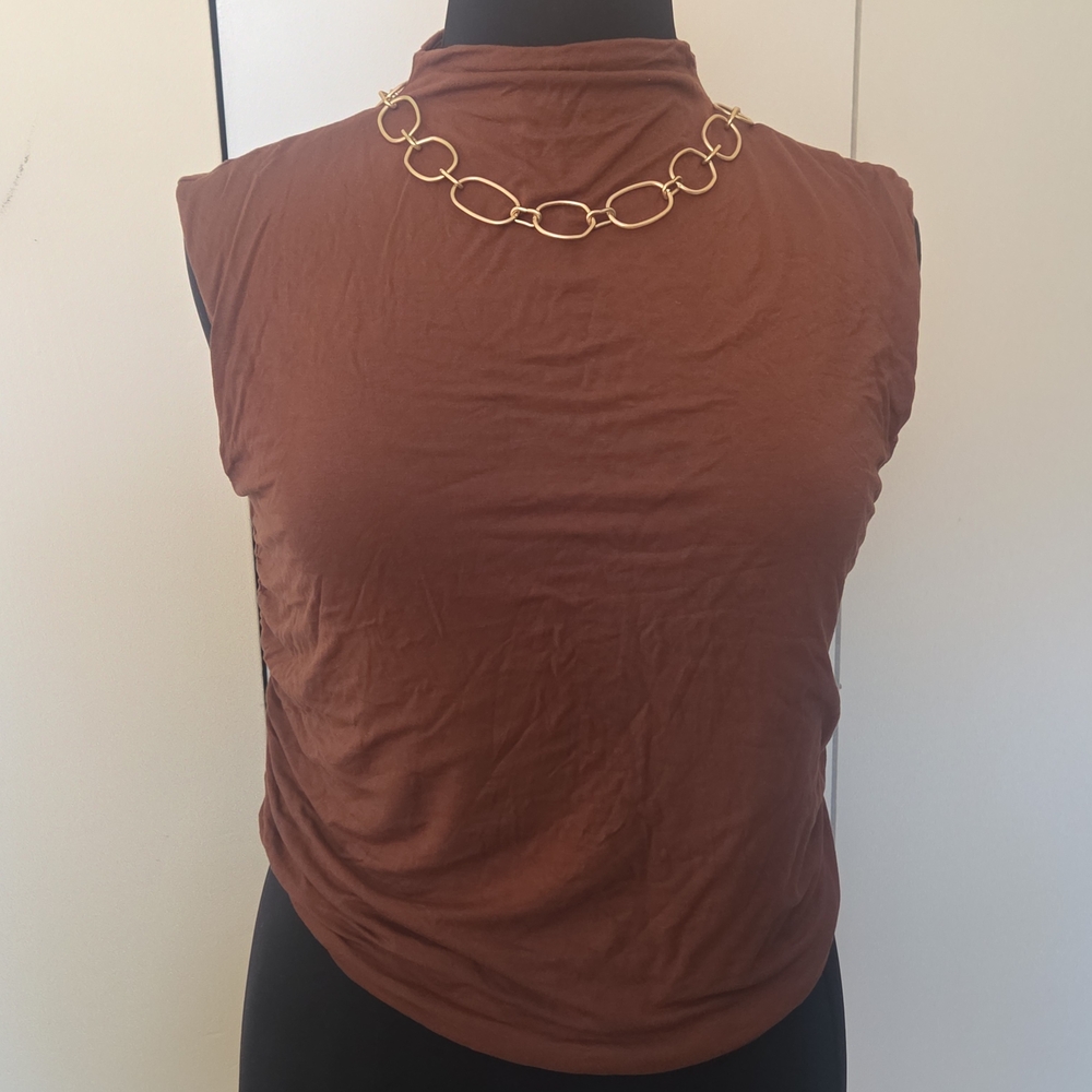 Chic Brown Ruched Sleeveless Mock Neck Top